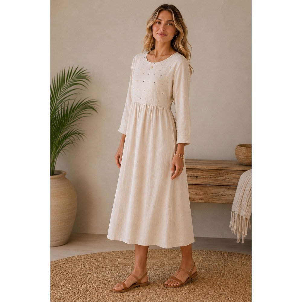Sangria Yellow Cotton Boho Cottagecore Embroidered Dress Pockets Womens Large